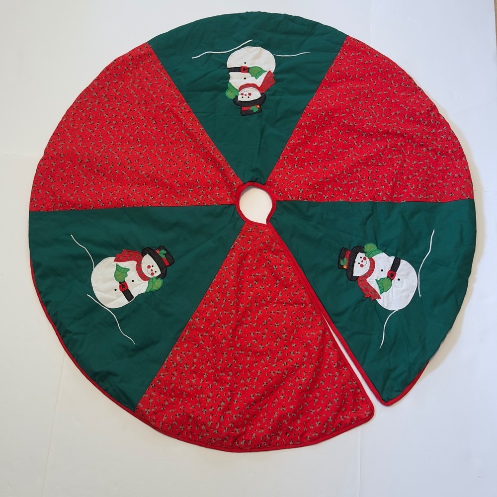 Vintage Style Quilted‎ Snowman Christmas Tree Skirt Red Green Holly 39 Inch